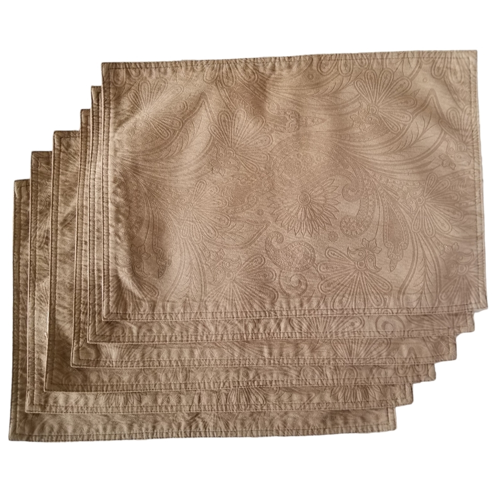 Set of 6 Paisley Placemats  18" x 12.5" Brown Floral Textured Tan Kahki‎